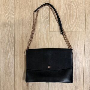 Tory Burch Black Leather Shoulder Bag with Gold Chain